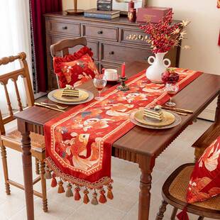 中式锦鲤桌旗新年餐桌桌旗日布置用氛围感色喜庆红桌品节布装饰结