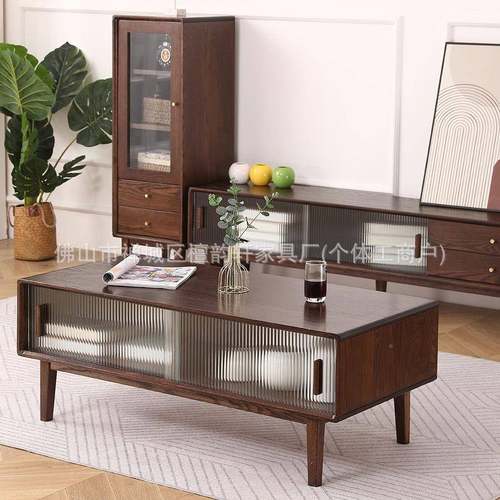 纯橡全实茶几茶台原玻璃QGJ移门简木约小户型木茶桌组合原木北木