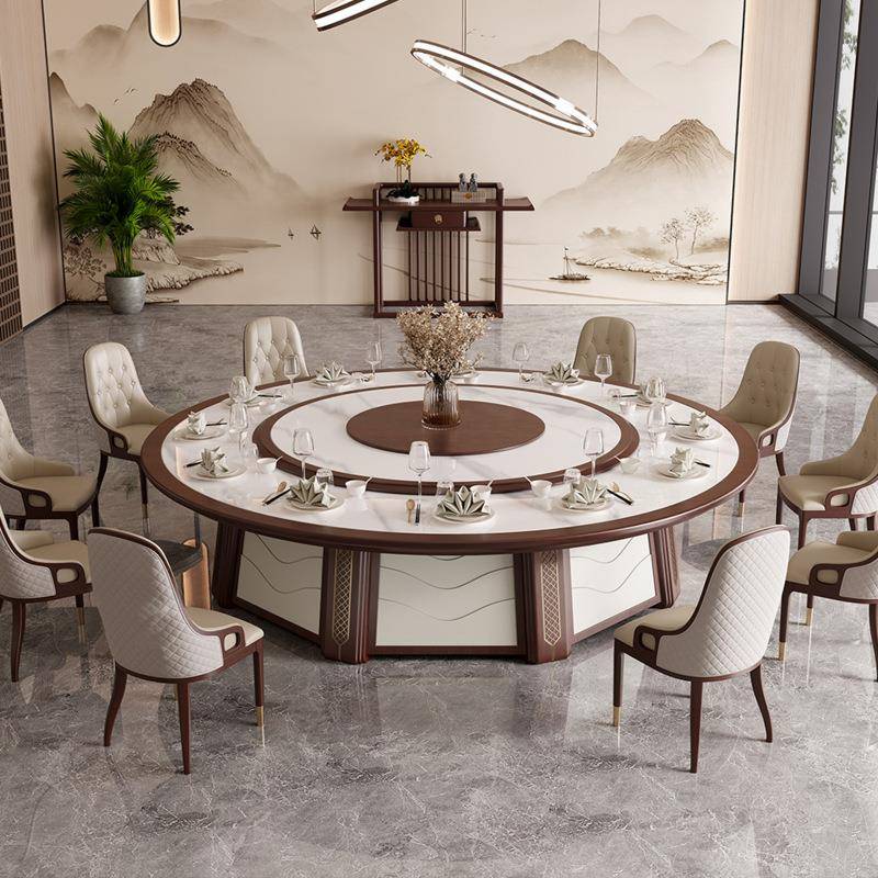 现代轻磁奢电餐桌带电炉富有四海大圆桌厅带转盘自餐动旋转岩板酒