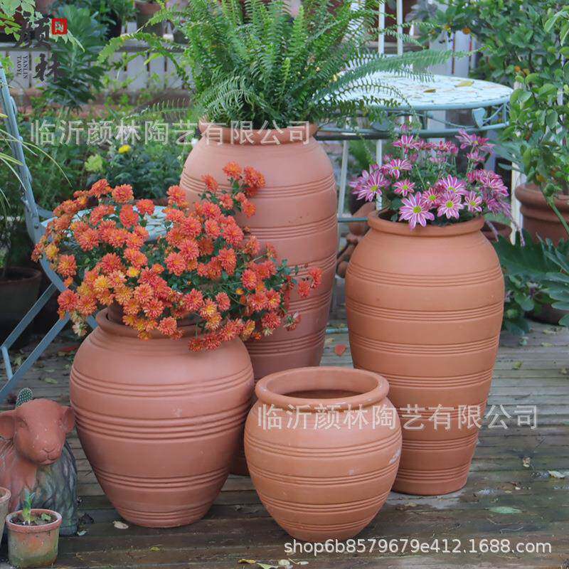 简约落地组合红陶花盆户外陶罐园林景观红泥罐粗陶罐庭院花园种植