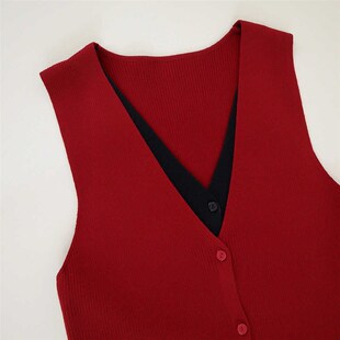 南油高级羊毛拼色假两件马甲针织背心女秋新款洋气针织衫马夹毛衣