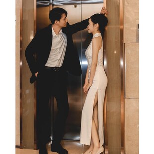 新中式晨袍女新娘婚礼晨拍礼服气质旗袍白色立领修身连衣裙女宴会