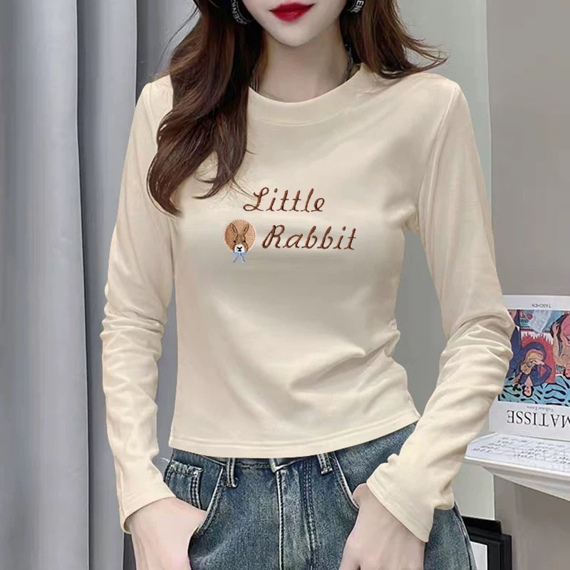 半高领长袖t恤秋冬款纯棉T恤中领上衣杏色小立领打底衫女修身内搭