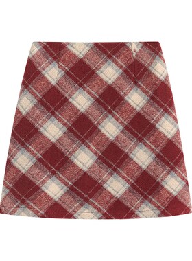 毛呢红色格子半身裙女秋冬微胖mm大码小个子高腰显瘦a字包臀短裙