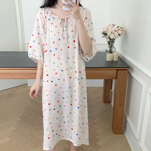 柠檬彩色薄款短袖棉绸连衣裙大码法式简约白色中长款裙子女睡裙夏