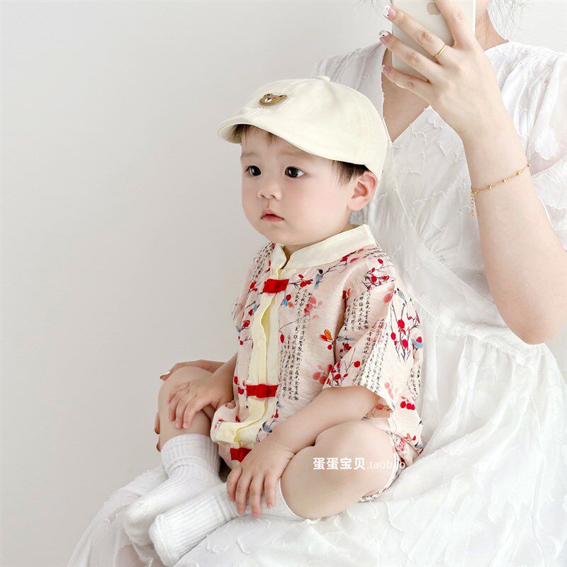 中式婴儿衣服男宝宝夏装连体唐装洋气满月百日宴周岁礼服抓周夏季