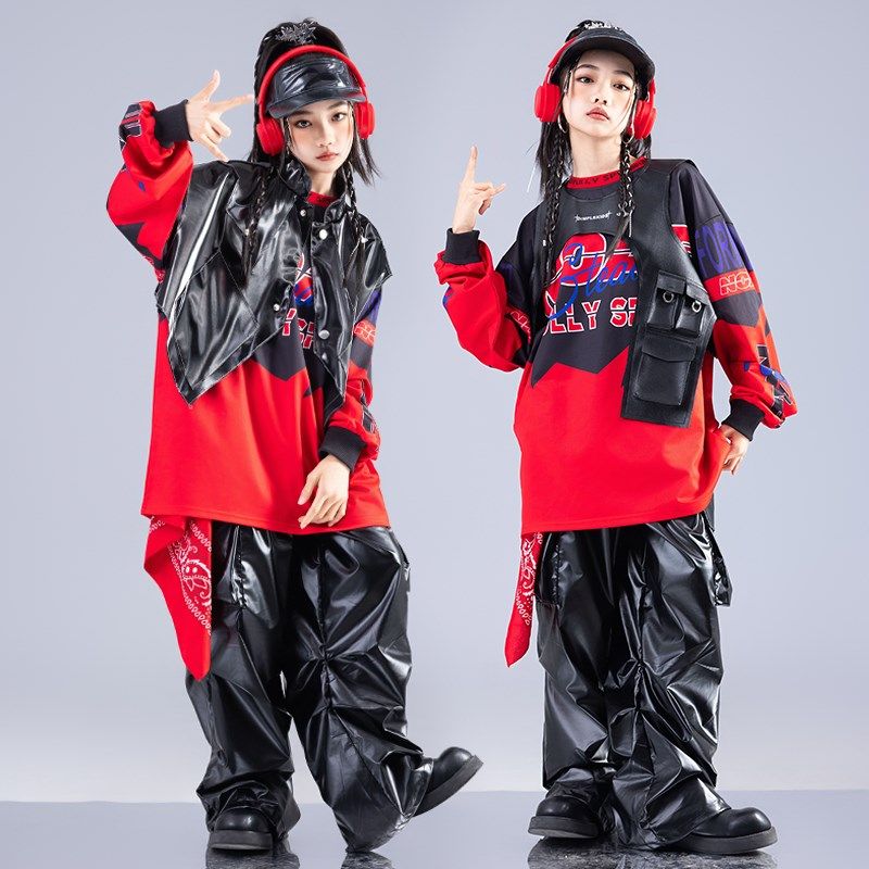 春节儿童街舞演出服架子鼓舞蹈hiphop童装少儿服装男童嘻哈红套装