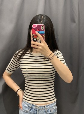 小蓉女装精纺美利奴罗纹圆领条纹针织衫5分袖套头毛衣上衣C472272