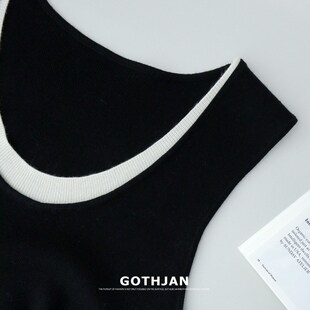 南油高级羊毛拼色假两件针织连衣裙女新款黑色背心裙无袖吊带长裙