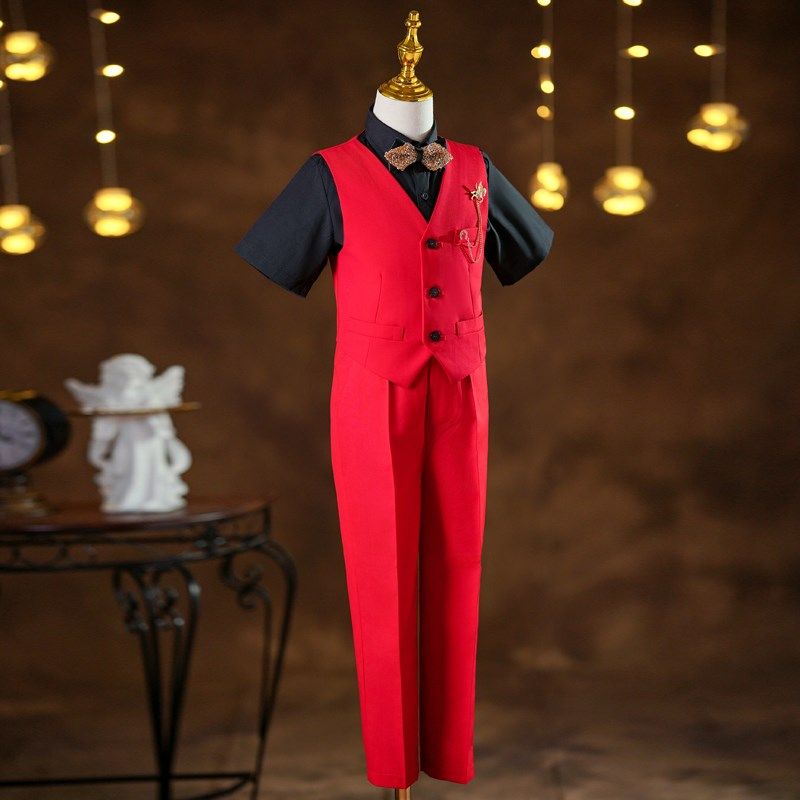 男童礼服高端夏季短袖红色朗诵合唱演讲表演儿童主持人钢琴演出服