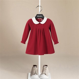 伯米吉女童红色长袖连衣裙学院风纯棉春秋季洋气娃娃领宝宝公主裙