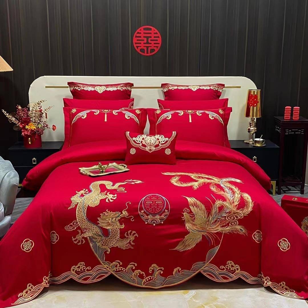 刺绣结婚四件套龙凤大红陪嫁床上用品新中式喜被4件套多件套婚庆