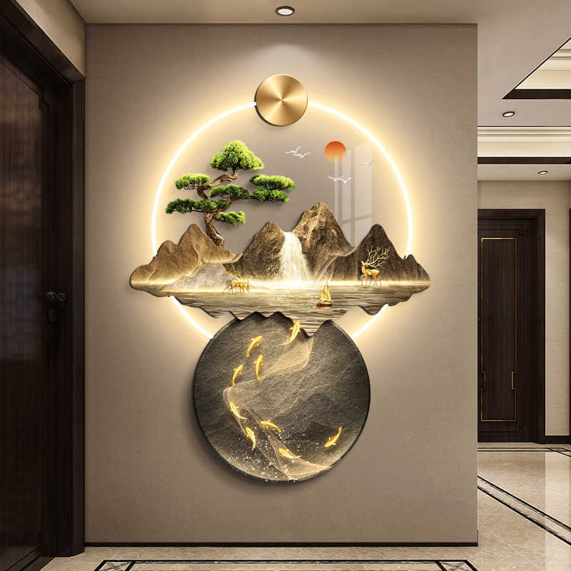 流水生财入户玄关装饰画新中式山水画过道立体挂画无框亚克力灯画