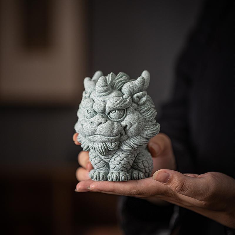 青砂石国潮风瑞兽麒麟动物336摆件创意家面摆居客桌鱼厅缸造景装