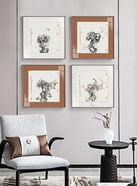 瘦石新中式客厅装画水墨画晶瓷挂湖画饰国过KWR道风花鸟太石头壁