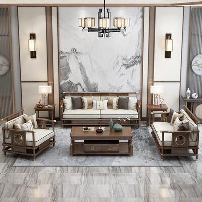 新中乌木金实木沙发ASO现代轻奢别合墅大户型客厅沙发桌椅组式家