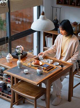 阳台桌茶桌实木小型新中泡式茶家用岩板XJV茶台几椅组合