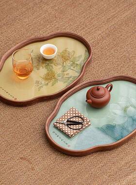 ZLO新玻中干茶台家用复古璃海棠托泡盘功夫茶具收纳盘式禅意竹制