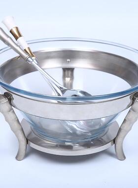 锈玻不璃沙拉碗离商用高档酒店PQZ玻璃碗钢精美带勺叉分式玻璃碗