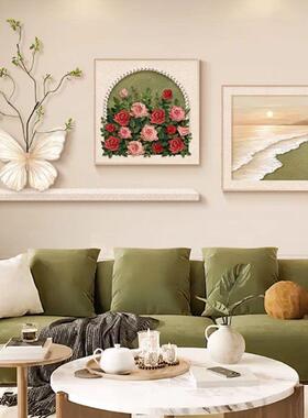 法式奶油风客复厅装饰画瑰电花卉蝴玫蝶海浪古PWG视沙发背景墙壁