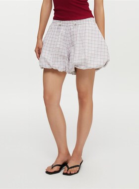 oneup格子花苞短裤裙女夏季薄款全棉宽松小个子短裙白色半身裙子