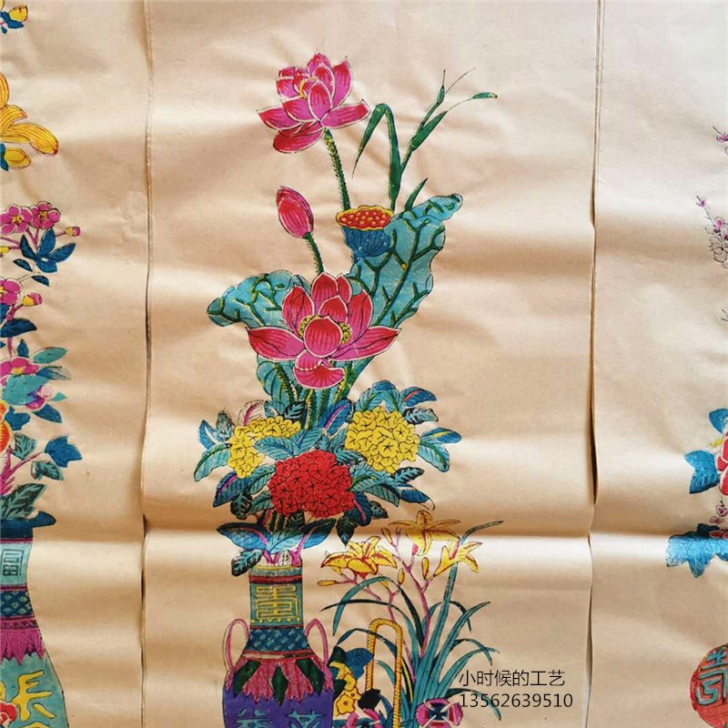 杨家埠年画四季花四条屏手工木板中国风装裱精品卷轴高档礼品装饰