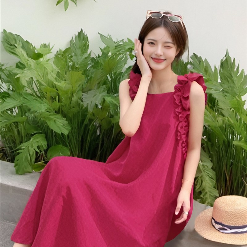 火龙果色无袖背带A字裙夏季2024夏季新款法式方领显瘦连衣裙1455