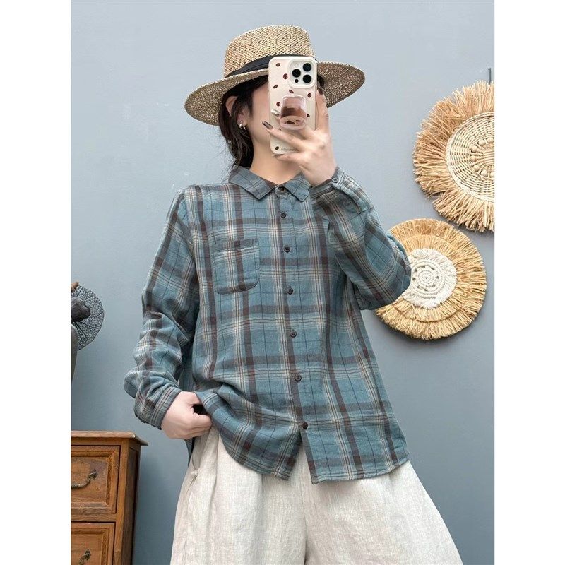 春夏薄款复古格子长袖衬衫女宽松显瘦纯棉上衣方领休闲时尚衬衣女