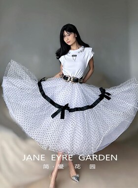 简爱花园高腰波点网纱A字中长款半身裙蝴蝶结公主裙蓬蓬裙JA334