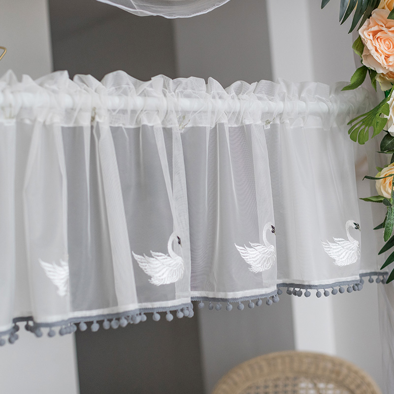 白色绣花半帘门帘免打孔小窗帘短窗纱清新北欧韩式隔断帘飘窗装饰