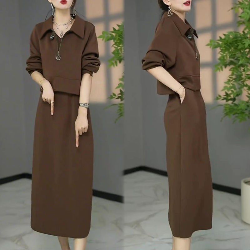 时尚大码两件套女2024年秋季新款半拉链卫衣休闲背心连衣裙子套装