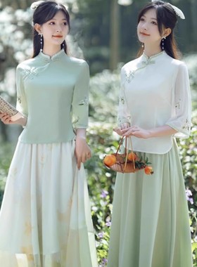 新中式日常汉服套装女夏季薄款民国风改良旗袍上衣半身裙禅意茶服