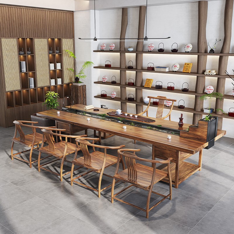 新中式循环流水养鱼茶桌创意茶台景观一体曲水流觞实木茶桌椅组合