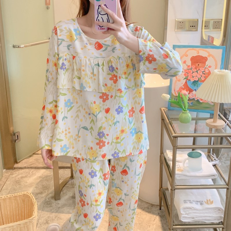 防凸点棉绸睡衣女春夏季长袖套装睡衣宽松薄款人棉学生家居服套装