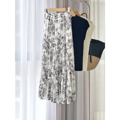 碎花雪纺半身裙女夏季薄款长款国风高级感配针织衫两件套装百褶裙