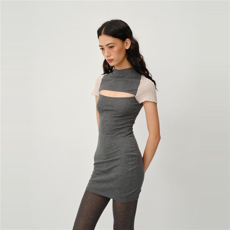 文艺神秘羊毛连衣裙 CSFC复古开胸设计拼色针织连衣裙