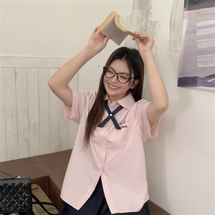 百搭显瘦上衣百褶裙套装 阿车家 衬衫 jk胖mm粉色娃娃领泰式 女 大码