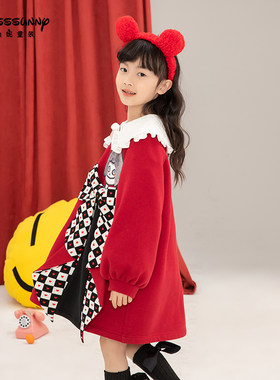 红色卡通小女孩贴布儿童春秋款连衣裙2022新品洋气加绒女童卫衣裙