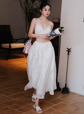 MOONA提花蕾丝 白色纱裙半身裙仙女风法式弹力高腰大摆长裙蓬蓬裙