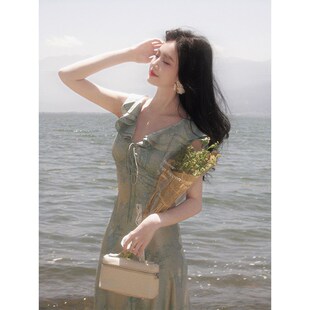 Haze禾枝《南风》清冷感竹叶印染法式荷叶边绿色连衣裙气质a字裙