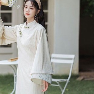 新中式套装日常汉服马甲改良旗袍女中国风倒大袖秋冬长连衣裙