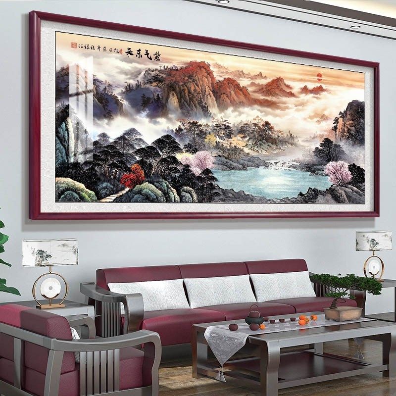 聚宝盆办公室字画沙发背景墙装饰画客厅山水风景旭日东升挂画国画