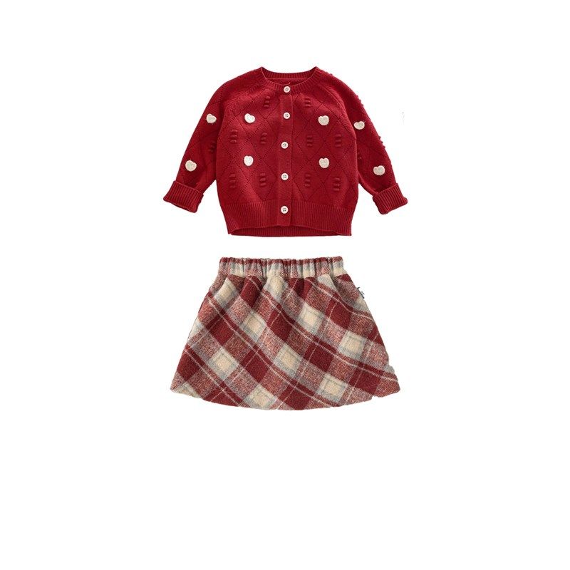 女童红色毛衣针织衫半身裙分体套装宝宝新年喜庆开衫短裙周岁礼服