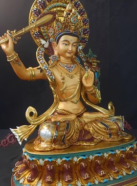 西藏纯铜文殊菩萨佛像尼泊尔工艺手工彩绘背光藏传錾刻供奉铜像