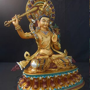 西藏纯铜文殊菩萨佛像尼泊尔工艺手工彩绘背光藏传錾刻供奉铜像