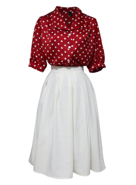 复古港风红色波点短袖上衣雪纺衬衫宽松大码白色半身裙套装裙女夏