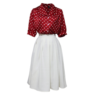 复古港风红色波点短袖上衣雪纺衬衫宽松大码白色半身裙套装裙女夏