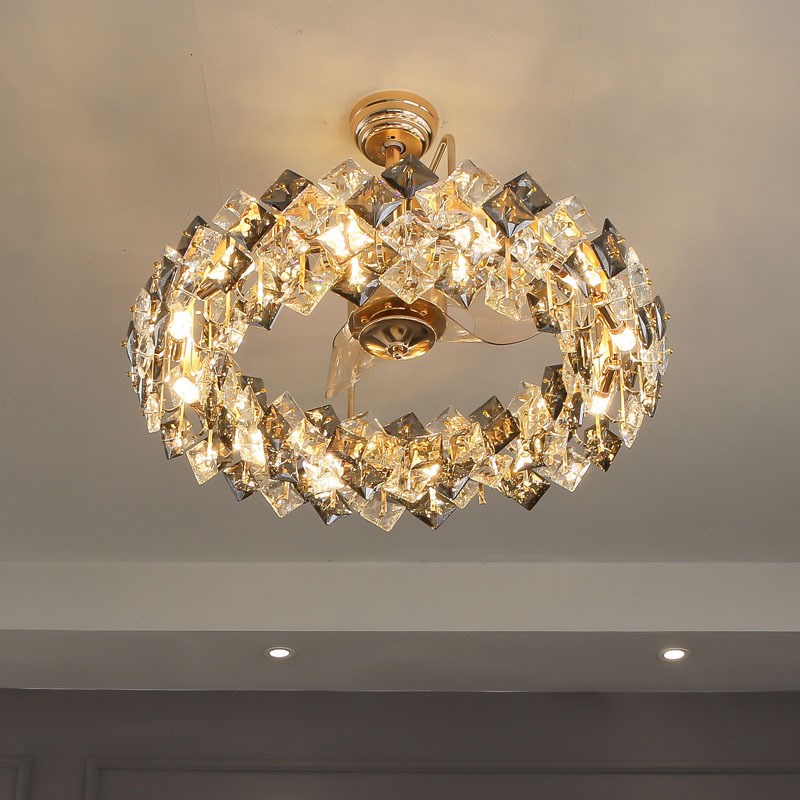 轻奢水晶风扇灯中山工厂无叶变频摇控餐厅卧室北欧豪华客厅吊扇灯