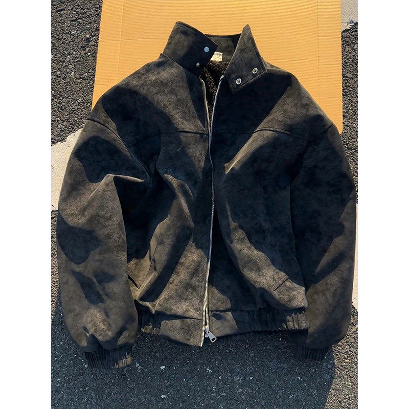 美式紮染pu皮夹克棉服男款冬季加绒加厚棉衣防寒保暖立领机车外套