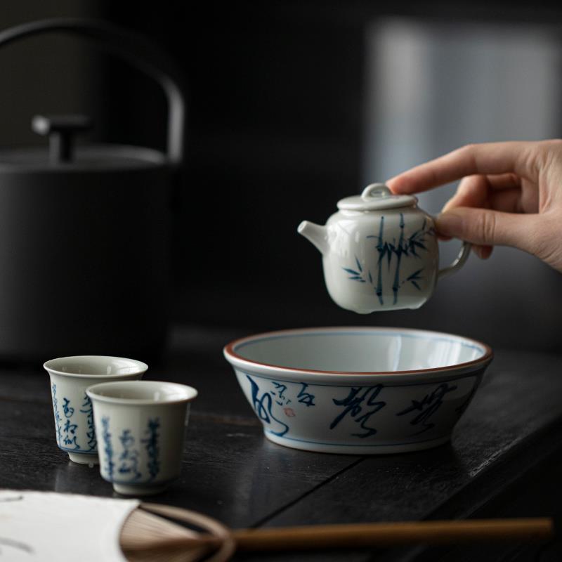 陶瓷壶古承青釉写釉下垫彩诗文干泡台小茶台养壶茶承SSF果盘手茶